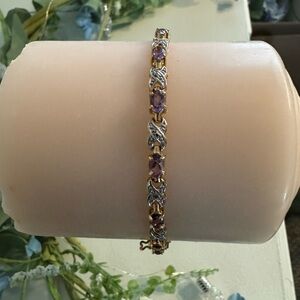 Vintage 925 Gold Plated Sterling Silver Amethyst & Diamond Chip Bracelet 8"
